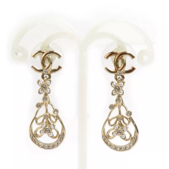 CHANEL CC Logo Pierce Earrings Gold/Silver Metal/Rhinestone - Picture 1 of 8